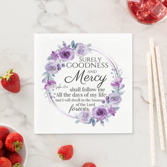Psalm 23:6 Inspirational Bible Verse Purple Floral Napkin (Insitu)