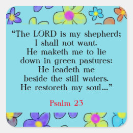 Psalm 23 Bible Prayer Flower Blue Square Sticker