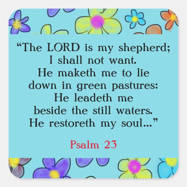 Psalm 23 Bible Prayer Flower Blue Square Sticker (Front)