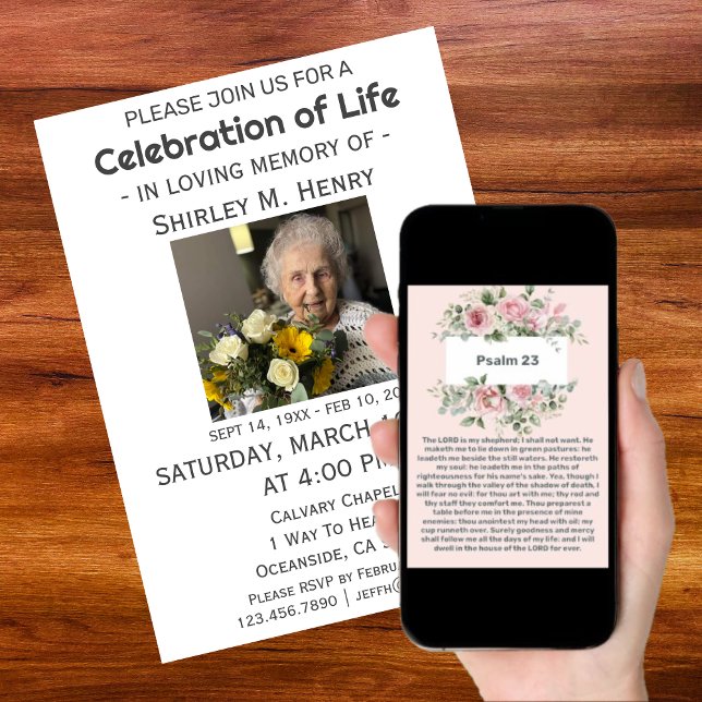Psalm 23 Pink Peony Celebration Life  Invitation (Psalm 23 Pink Peony Celebration Life Invitation)