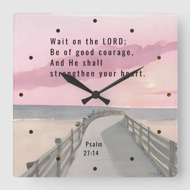 Psalm 27:14 Wait on the Lord Bible Verse Ocean Square Wall Clock (Front)