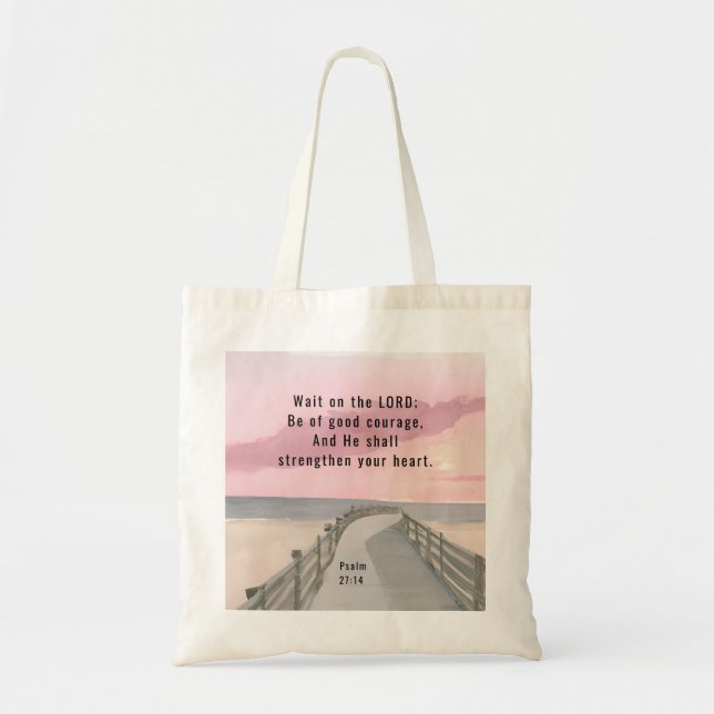 Psalm 27:14 Wait on the Lord Bible Verse Ocean  Tote Bag (Front)