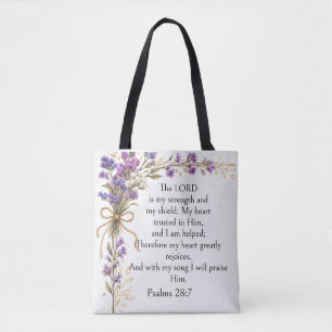 Psalm 28:7 Bible Verse, Purple Lavender Floral Art Tote Bag