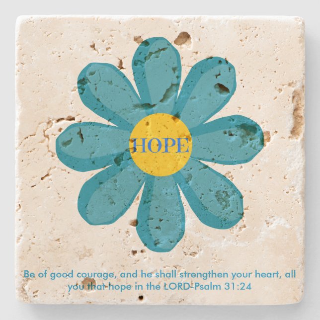 Psalm 31 Blue Hope Flower Travertine Coaster (Front)