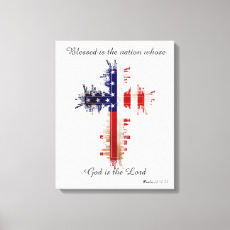 Psalm 33:12 American Flag Cross Canvas Print
