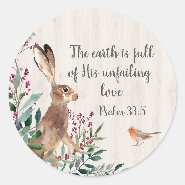 Psalm 33:5 Rabbit, Bird and Foliage Classic Round Sticker (Front)