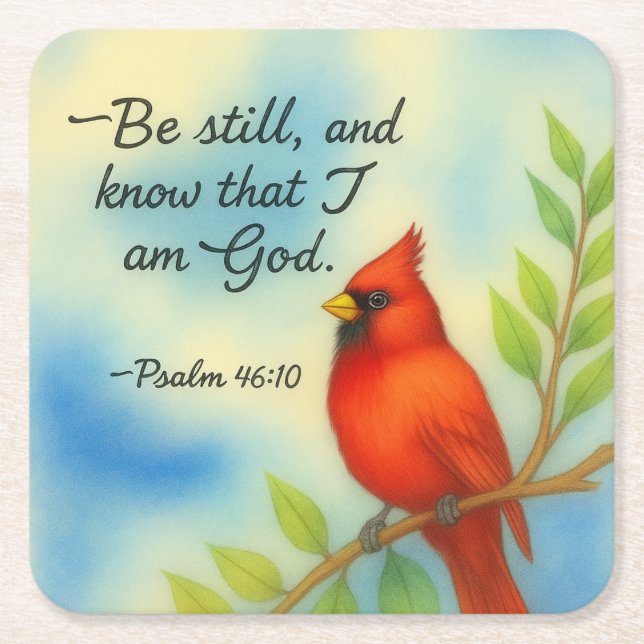 Psalm 46:10 Be Still Red Cardinal Scripture Nature Square Paper Coaster (Front)