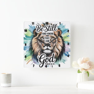 Psalm 46:10 Majestic Lion Inspirational Faith  Square Wall Clock