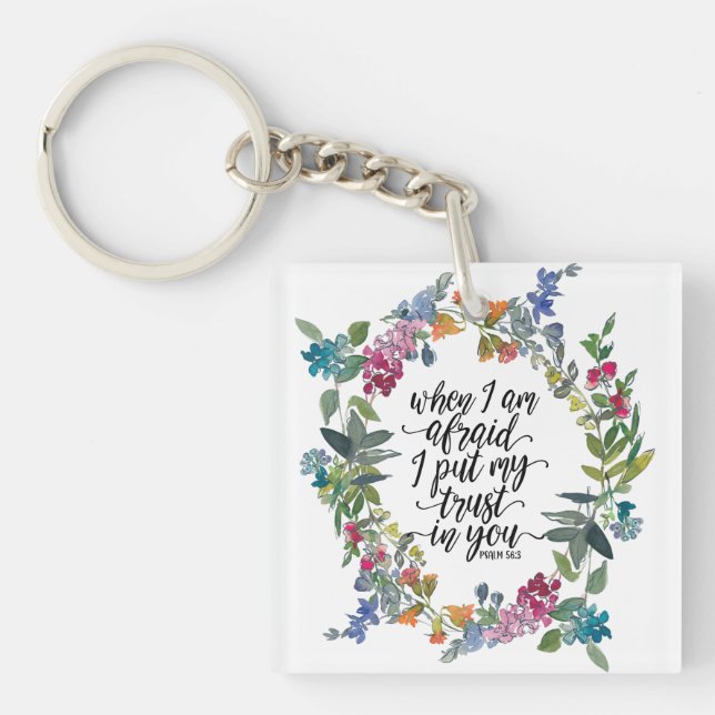 Psalm 56:3 When I am afraid Colourful Floral Wreat Keychain (Front)