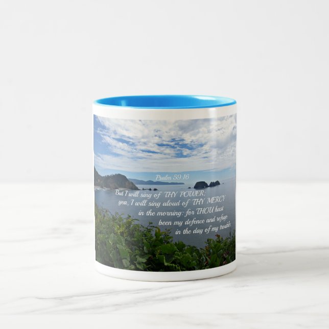 Psalm 59:16 But I will sing of thy power; Two-Tone Coffee Mug (Center)