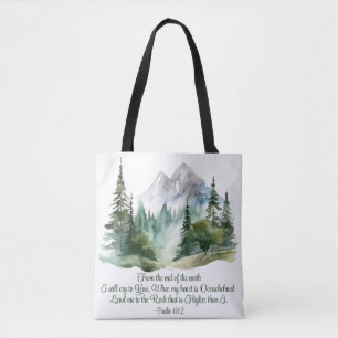 Psalm 61:2 Lead me to the Rock Scripture Mountain Tote Bag