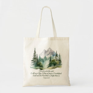 Psalm 61:2 Lead me to the Rock Scripture Mountain Tote Bag