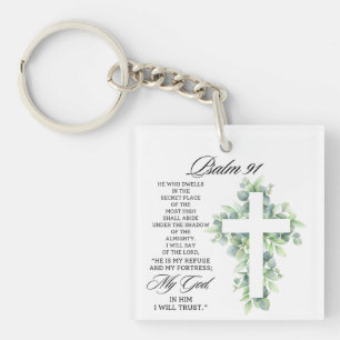 Psalm 91:1-2 Religious Cross Greenery Bible Verse Keychain