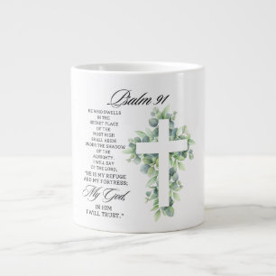 Psalm 91:1-2 Religious Cross Greenery Bible Verse Large Coffee Mug