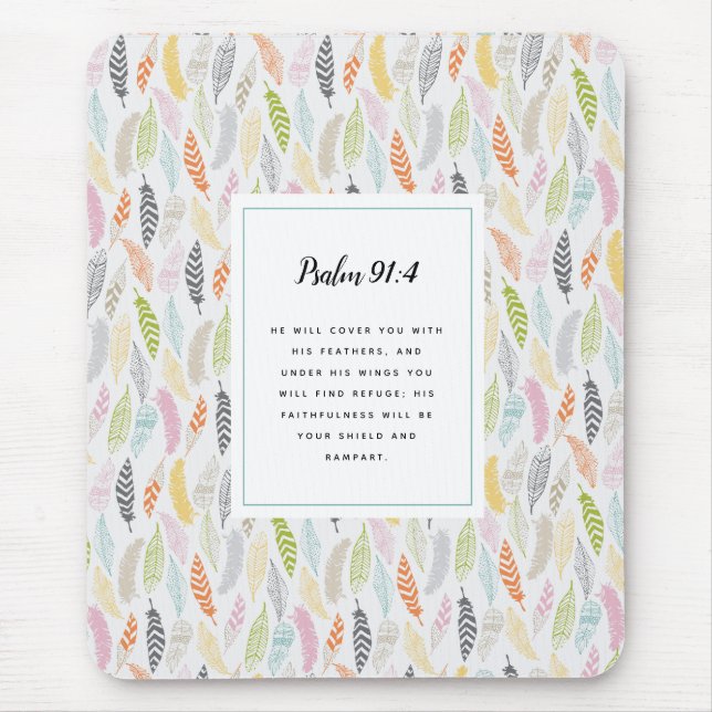 Psalm 91:4 Scripture and Feather Design Art Print Mouse Pad (Front)
