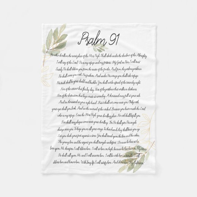 Psalm 91 Bible Art Soft Greenery Leaves Christian Fleece Blanket (Front)