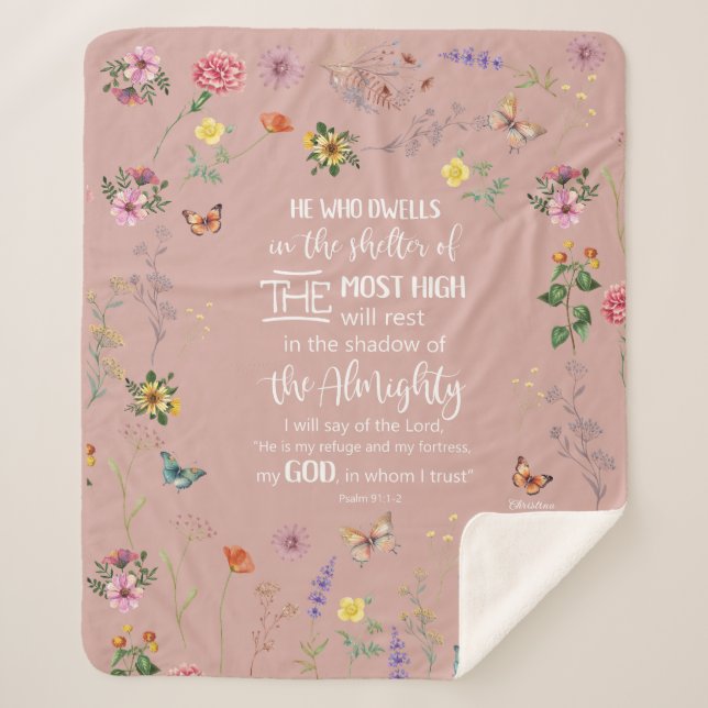 Psalm 91 Bible Verse Wild Flowers Sherpa Blanket (Front)