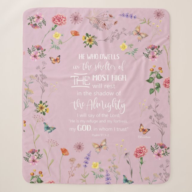 Psalm 91 Bible Verse Wild Flowers Sherpa Blanket (Front)