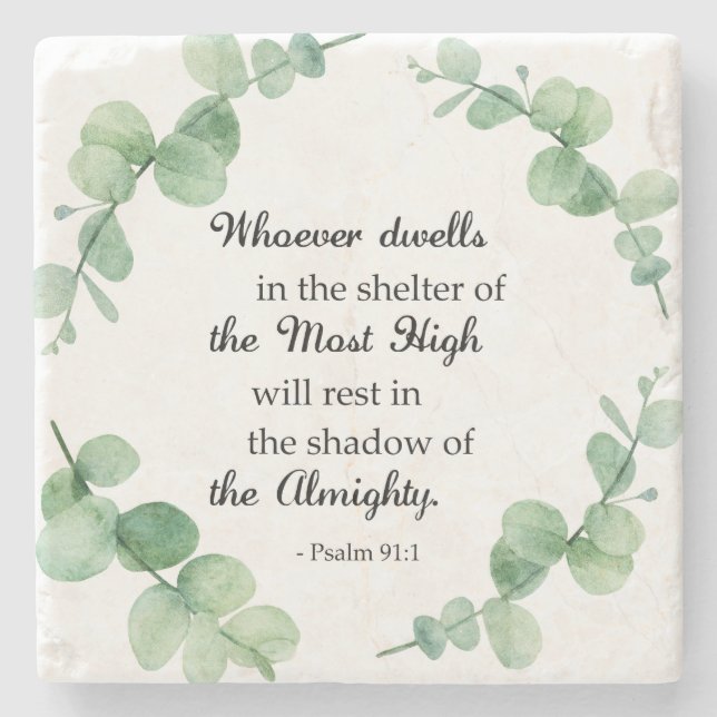 psalm 91 eucalyptus wreath christian faith bible stone coaster (Front)