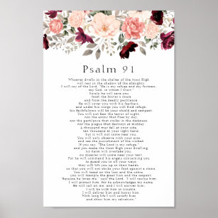 Psalm 91 Scripture Burgundy Blush Floral Poster