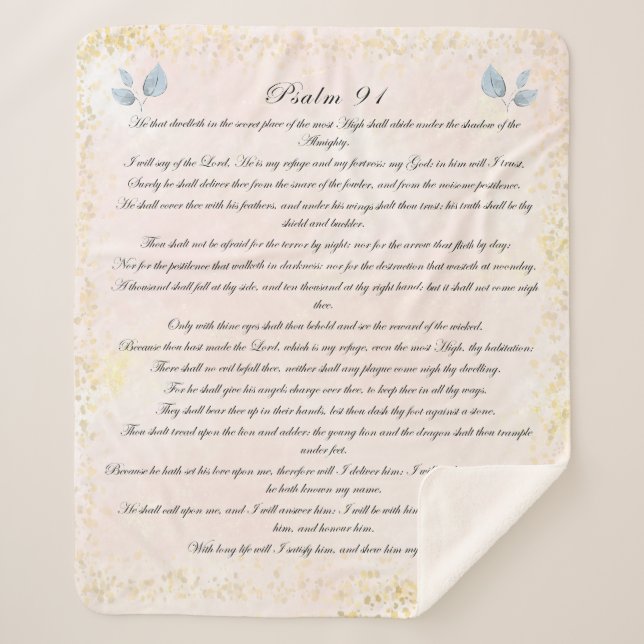 Psalm 91, Scripture & Eucalyptus Leaves, Blush Sherpa Blanket (Front)