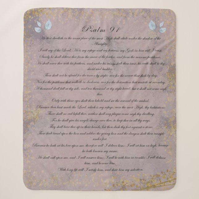 Psalm 91, Scripture & Eucalyptus Leaves, Purple Sherpa Blanket (Front)