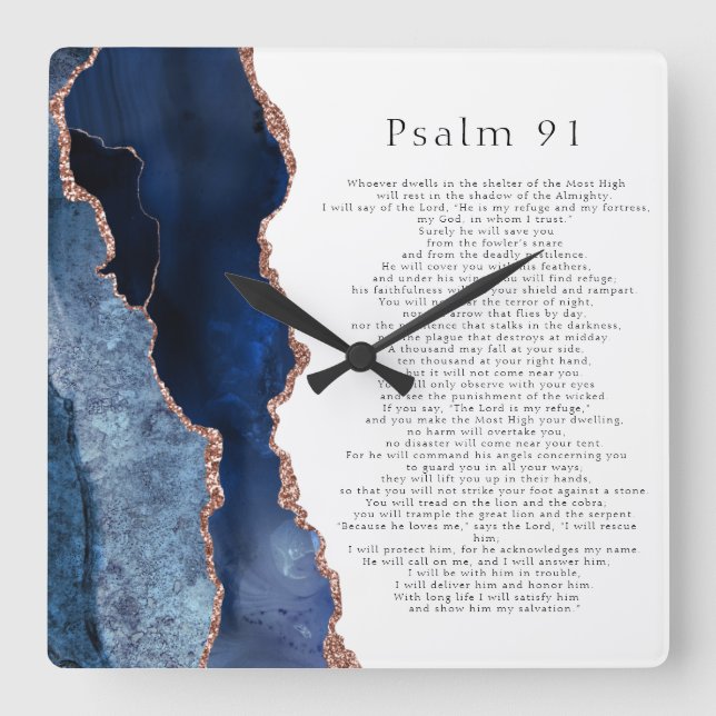 Psalm 91 Scripture Navy Blue Rose Gold Geode Square Wall Clock (Front)