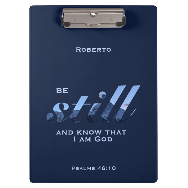 Psalms 46:10 Verse Be still blue mountain add name Clipboard (Front)