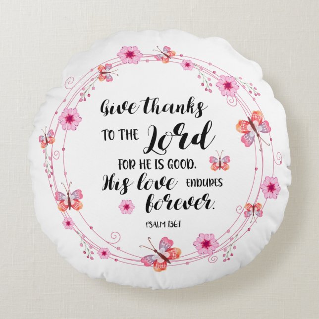 Psalms Bible Verse Christian Cherry Blossoms Pink Round Pillow (Front)