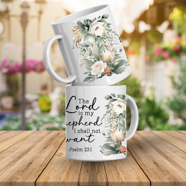 Psalms Bible Verse Floral Coffee Mug (Psalms bible verse Mug. The Lord id my shepherd i shall not want Psalms 23:1)