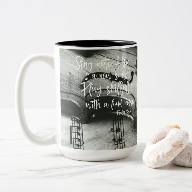 Psalms: Sing unto Him Bible Verse Two-Tone Coffee Mug (With Donut)