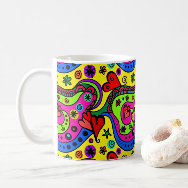 Pschedelic Bohemian Hippie Cool Fun 70s Art Coffee Mug (With Donut)