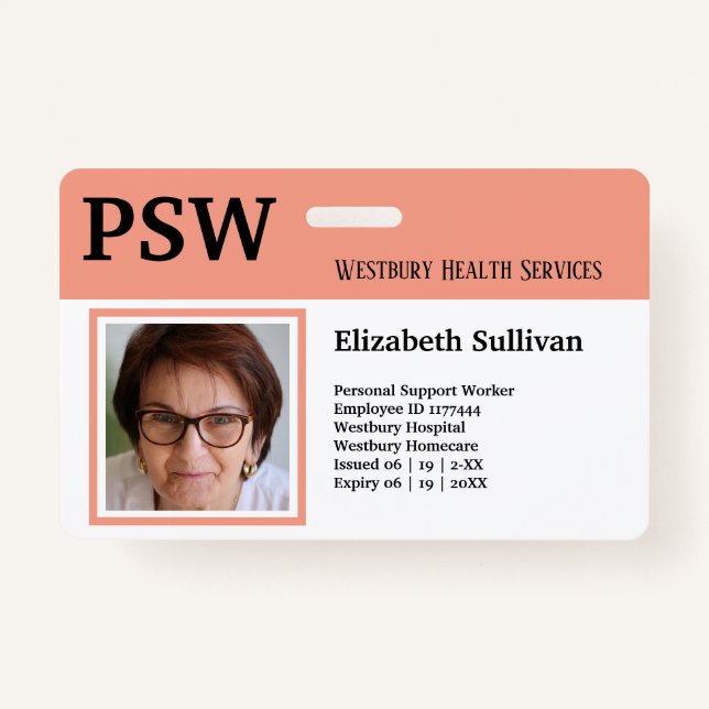 PSW Healthcare or Hospital Employee Photo ID Badge (Front)