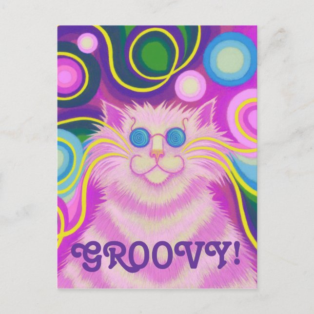 Psy-cat-delic Pink 'Groovy' postcard vertical (Front)