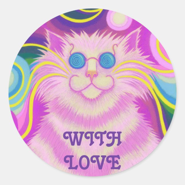 Psy-cat-delic Pink 'With Love' autocollant rond (Devant)