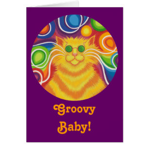 Psy-cat-delic round  'Groovy Baby!' card purple
