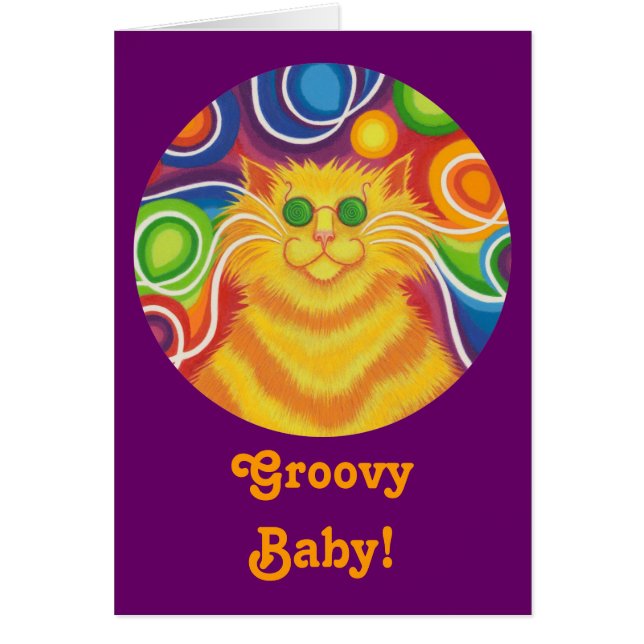 Psy-cat-delic round  'Groovy Baby!' card purple (Front)