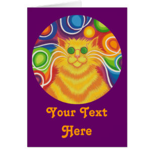 Psy-cat-delic round 'Your Text' card purple