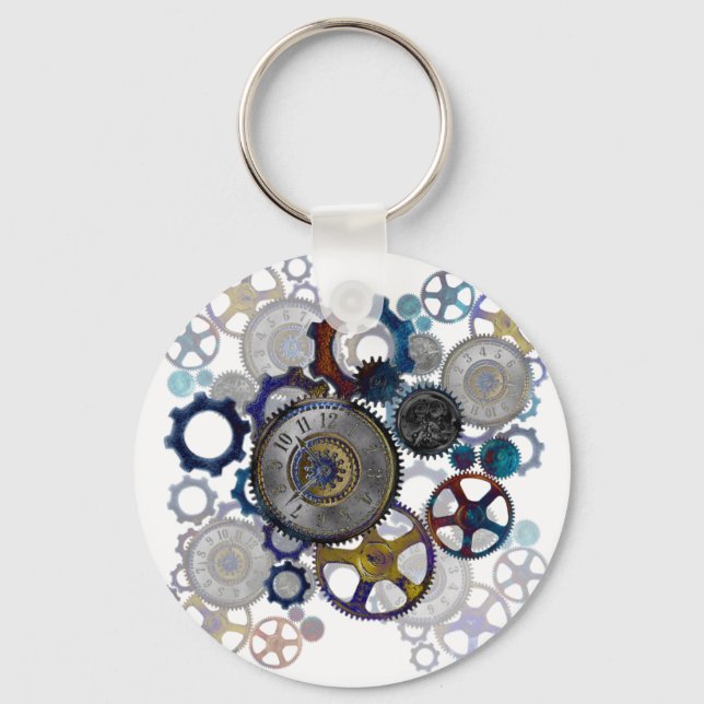 Psychadelic steampunk gears, cogs, clock face gift keychain (Front)