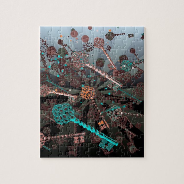 Psychadelic steampunk keys, rays, dark retro jigsaw puzzle (Vertical)