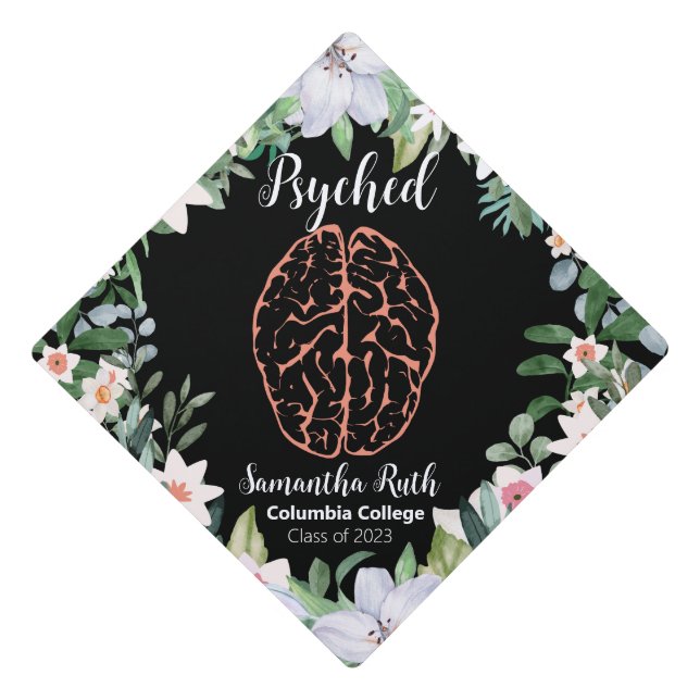 Psyched Psychology Floral Lily Wreath Custom name Graduation Cap Topper (Front)