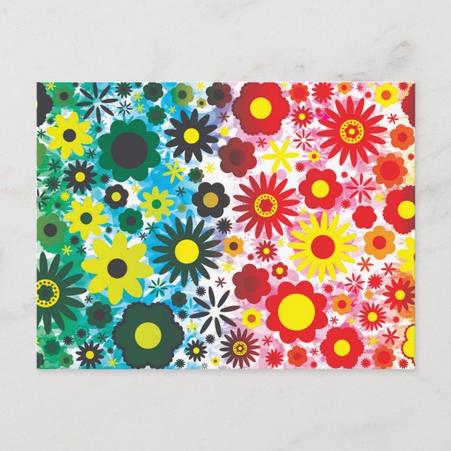 Psychedelic 60s Red Green Flowers Pattern Postcard (Front)