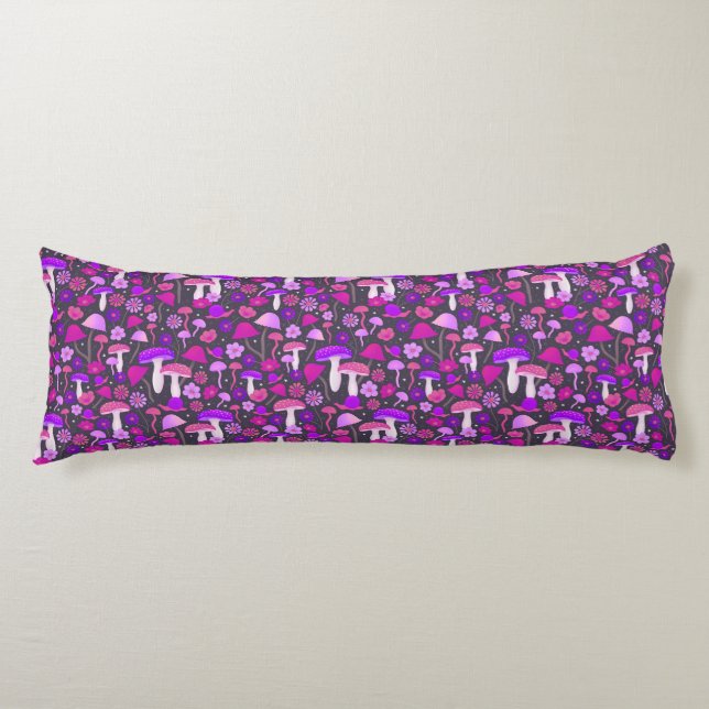 Psychedelic 70s Mushrooms Pink, Purple & Black Body Pillow (Front)