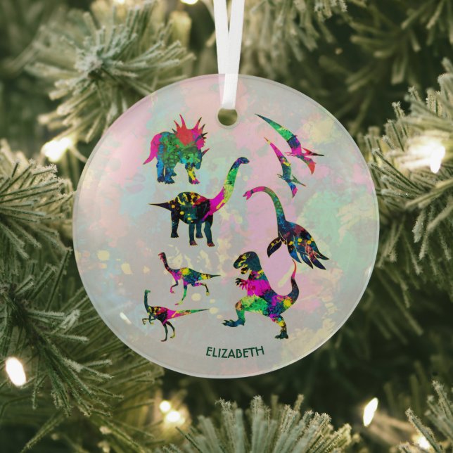Psychedelic Abstract Colourful Dinosaur Silhouette Glass Ornament (Insitu)