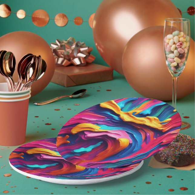 Psychedelic Abstract Colourful Paint Strokes Paper Plate (Multi)