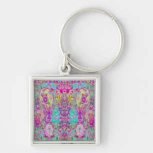 Psychedelic Abstract Magenta and Aqua Garden Art Keychain