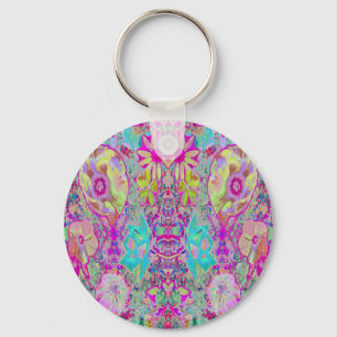 Psychedelic Abstract Magenta and Aqua Garden Art Keychain