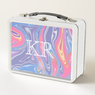 Psychedelic Abstract Marble Pastel Pattern Initial Metal Lunch Box