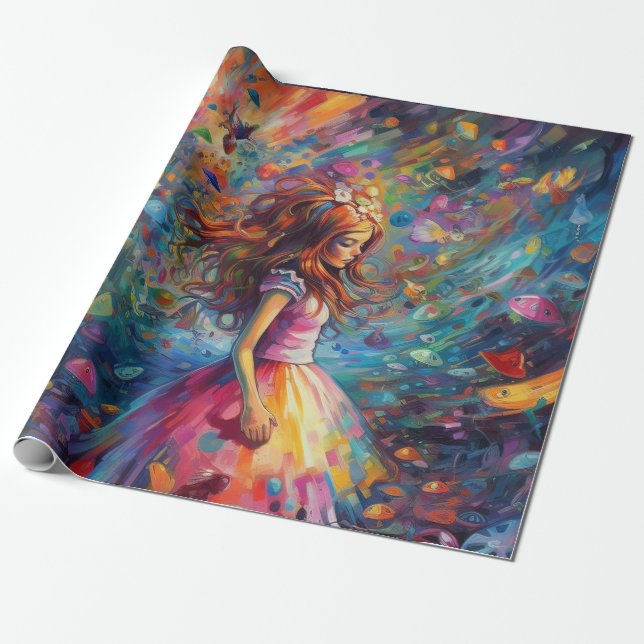Psychedelic Alice in wonderland Young Girl Theme Wrapping Paper (Unrolled)