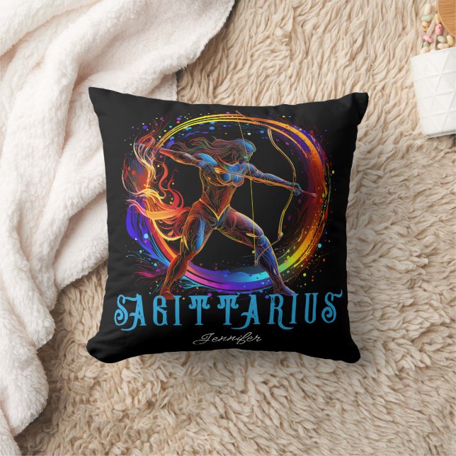 Psychedelic Art Sagittarius Zodiac Name  Throw Pillow (Blanket)